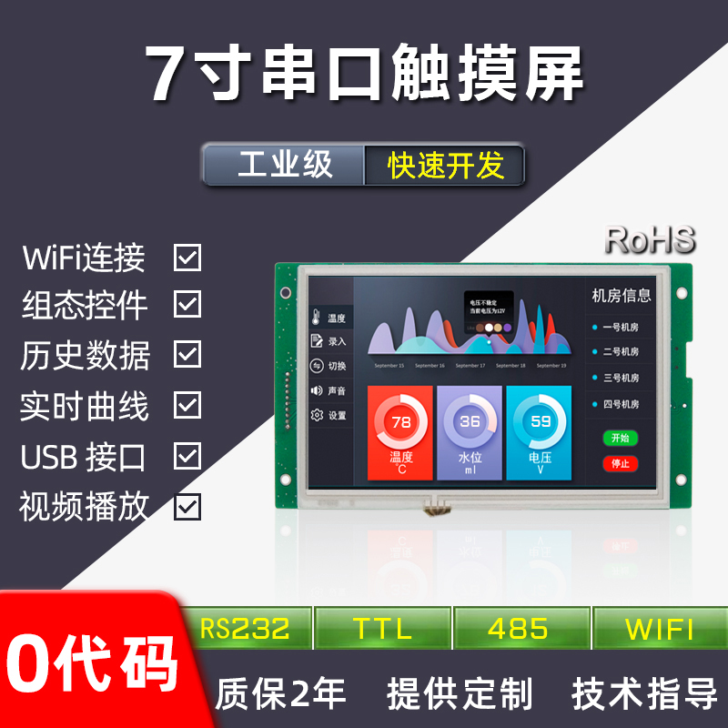 HYW070F 帶觸摸、帶白色外殼 通信支持RS232/TTL/485 音頻播放