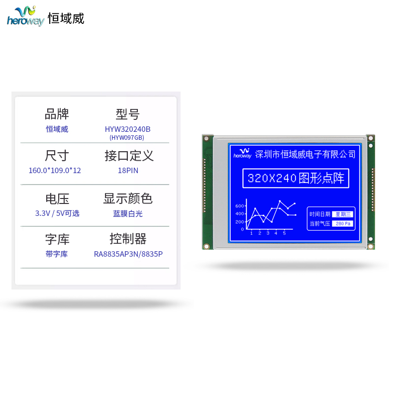 恒域威5.7寸320240B工業(yè)級(jí)單色點(diǎn)陣液晶顯示屏 藍(lán)底白字LCM模組