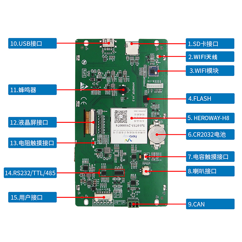 HYW070F 帶電容觸摸 通信支持RS232/TTL/485 音頻播放